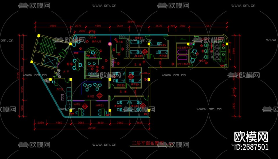 美容院休閑會所CAD施工圖下載(渲染圖1)