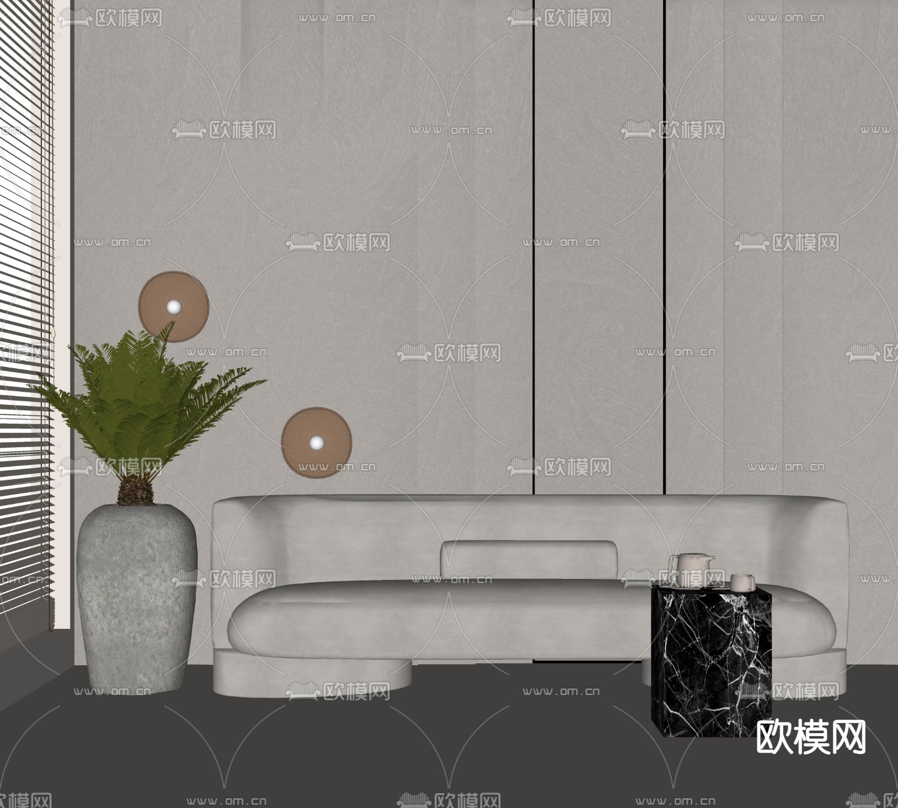 奶油风多人沙发su模型下载（渲染图2）