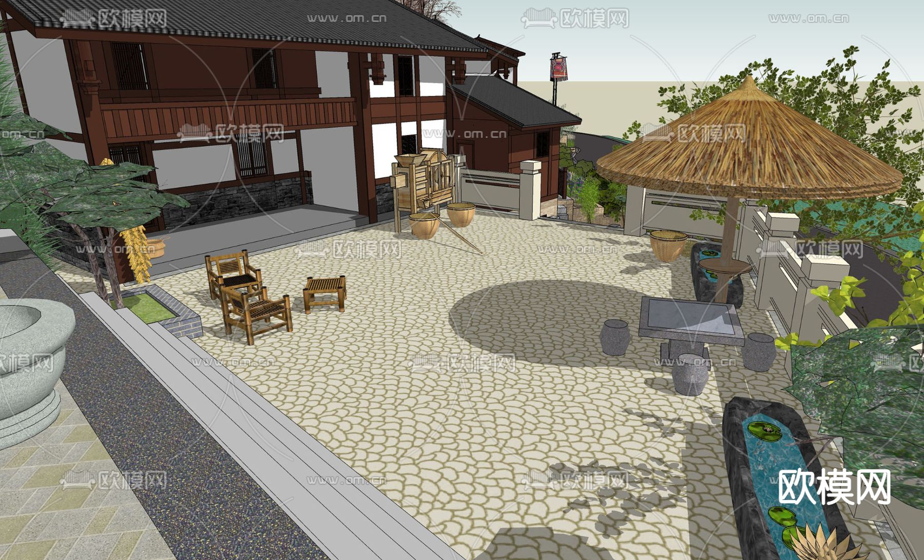 乡村民居院落su模型下载（渲染图2）