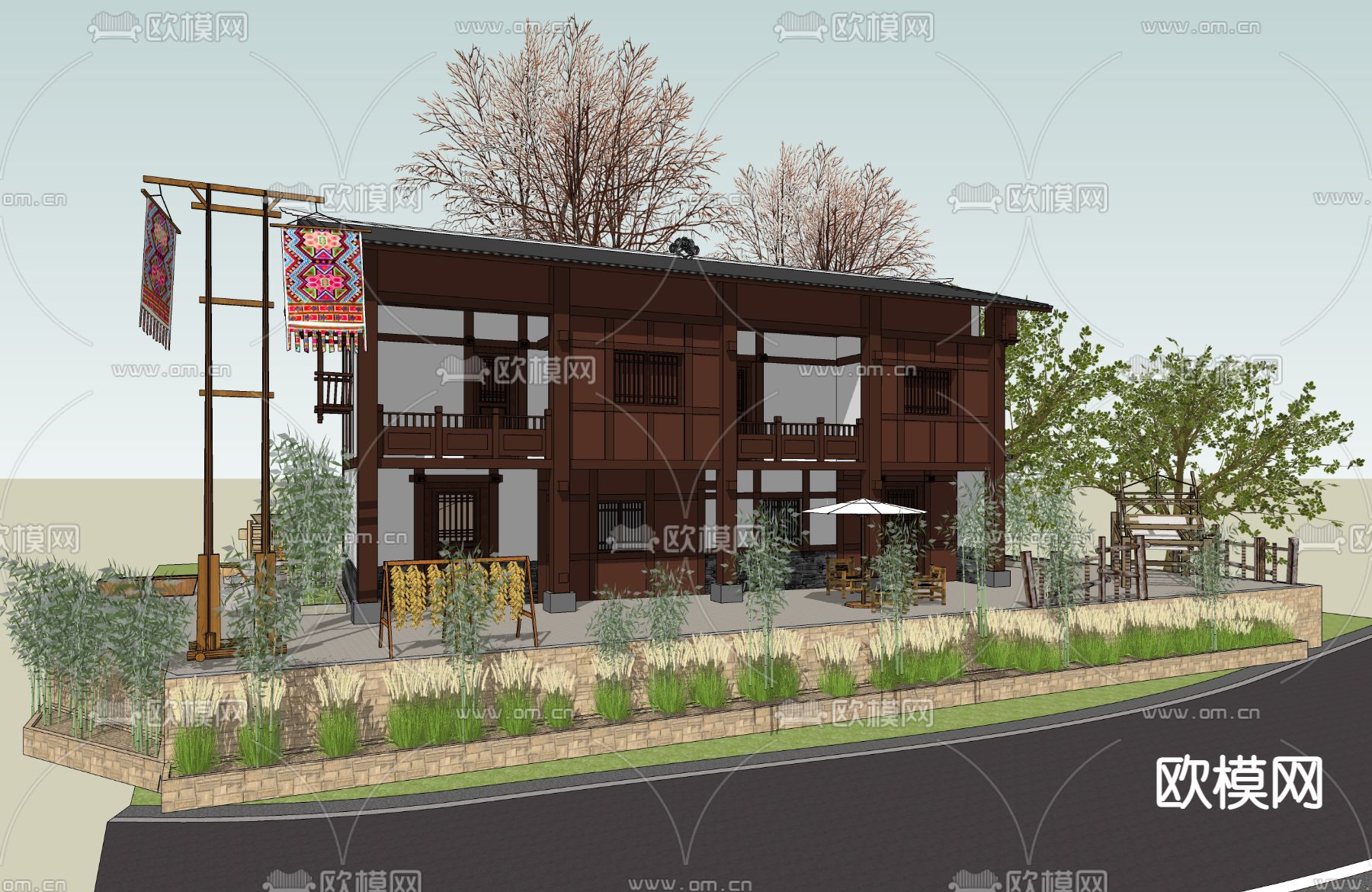 乡村民居院落su模型下载（渲染图1）