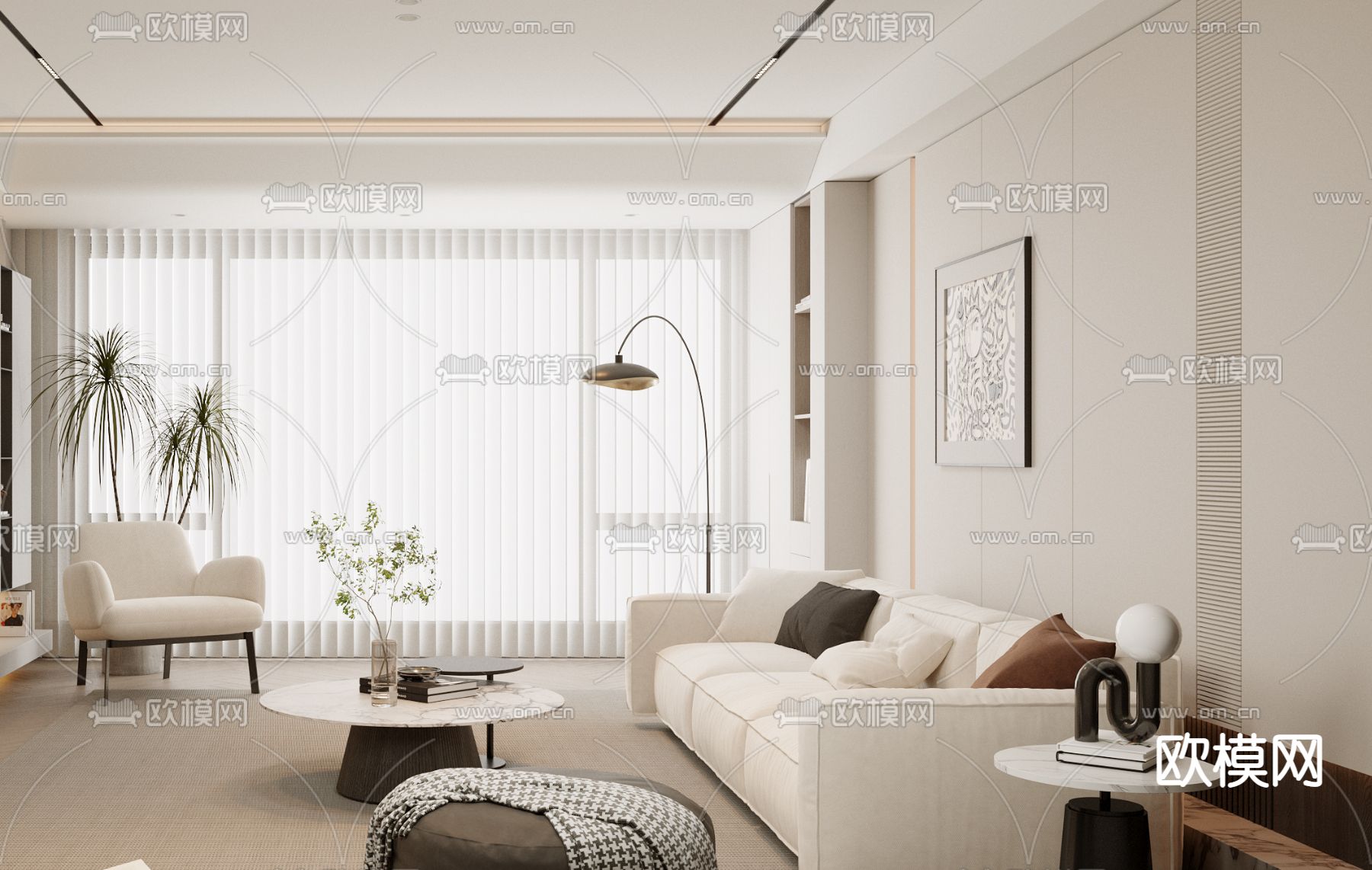 奶油风客厅3d模型下载（渲染图3）