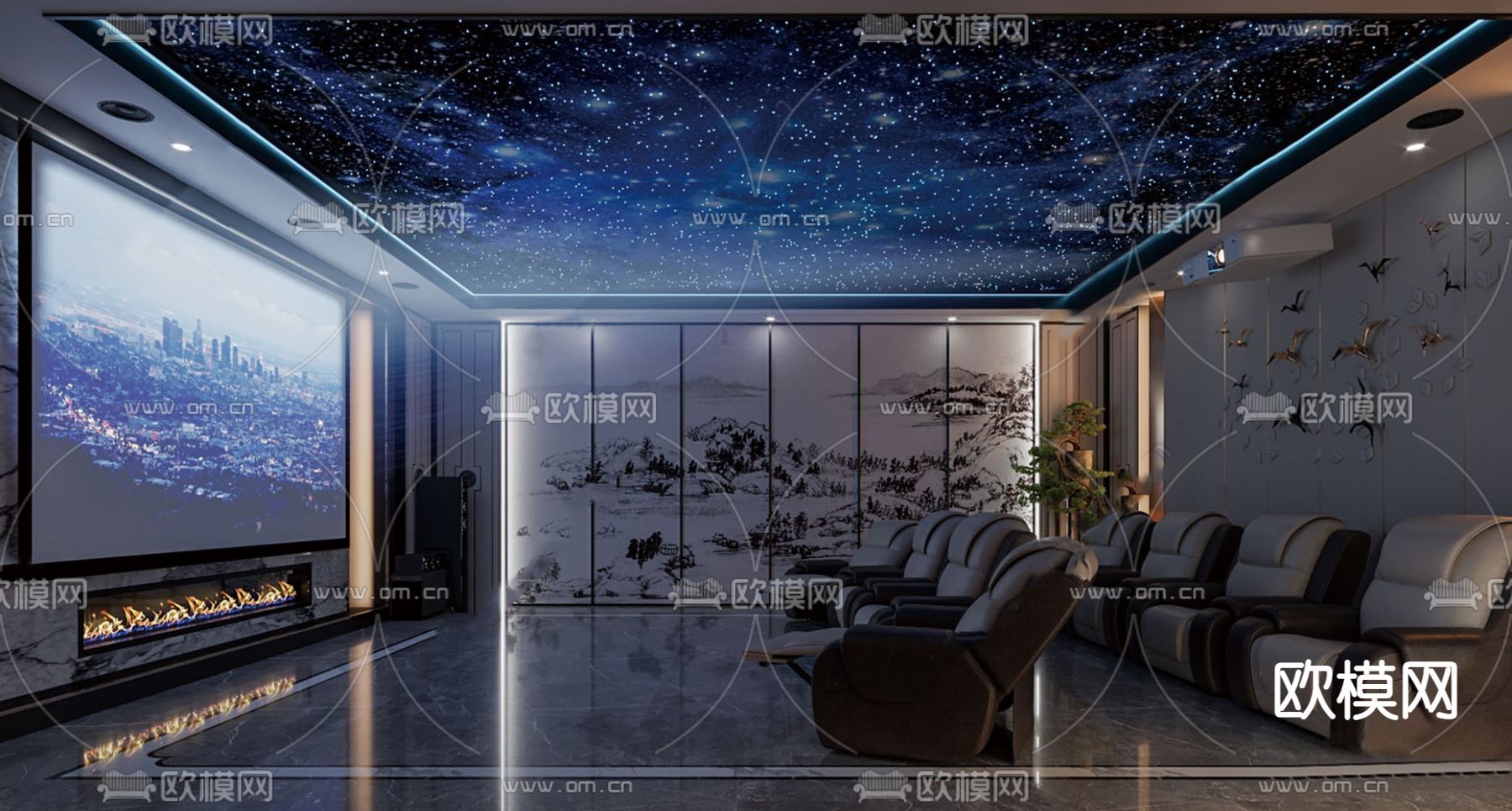 新中式影音室su模型下载（渲染图1）
