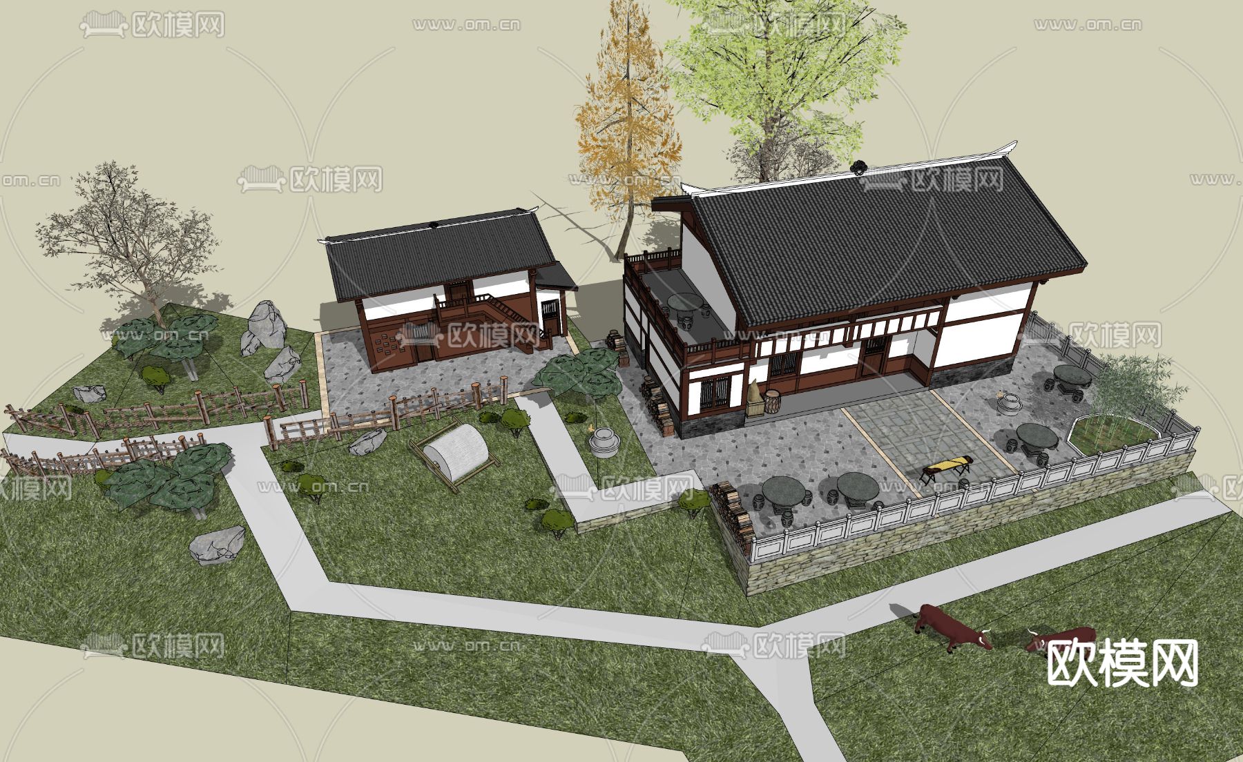 乡村民居院落su模型下载（渲染图2）