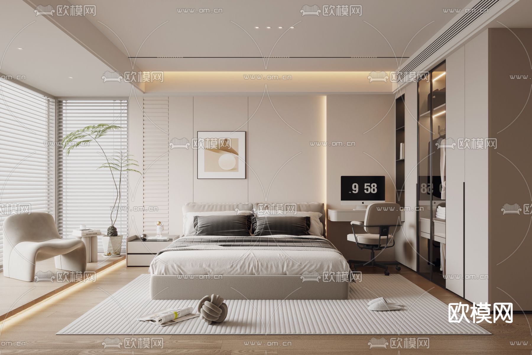 奶油风卧室 主人房3d模型下载