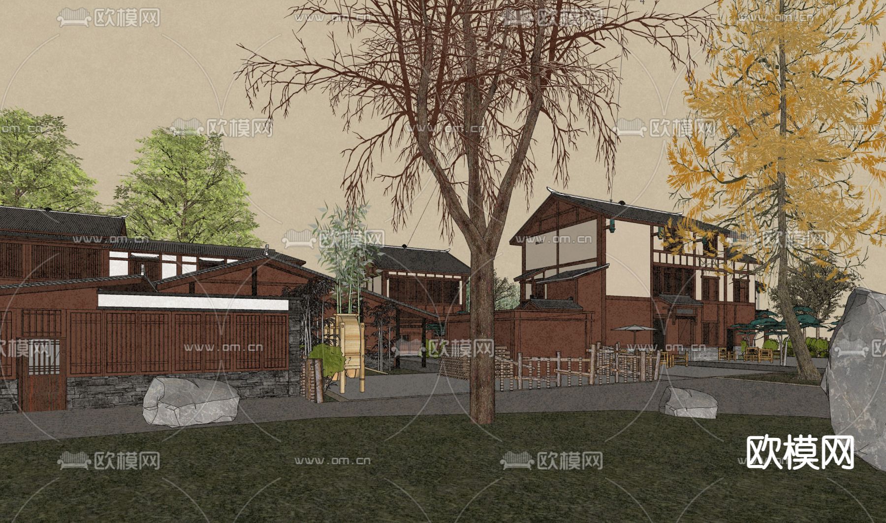 乡村民居院落su模型下载（渲染图3）