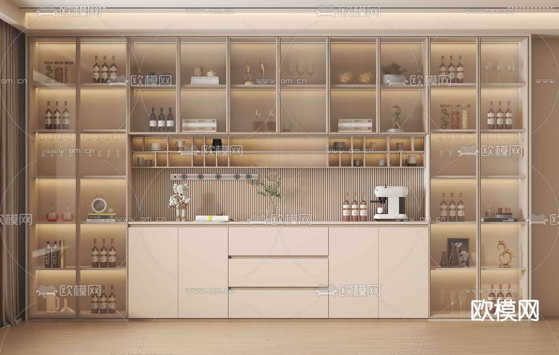 奶油风酒柜su模型下载（渲染图1）