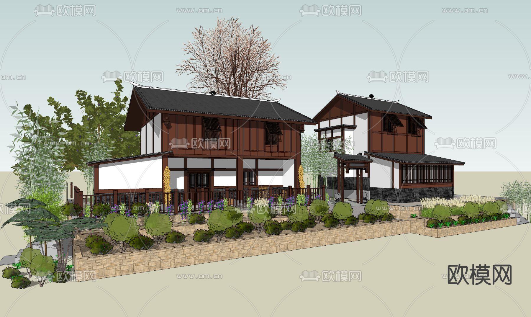 乡村民居院落su模型下载（渲染图1）