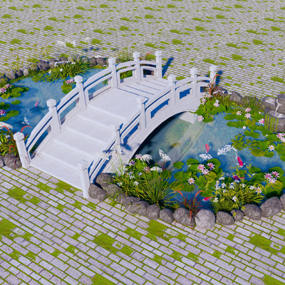 新中式景观桥荷花池园艺小品su模型