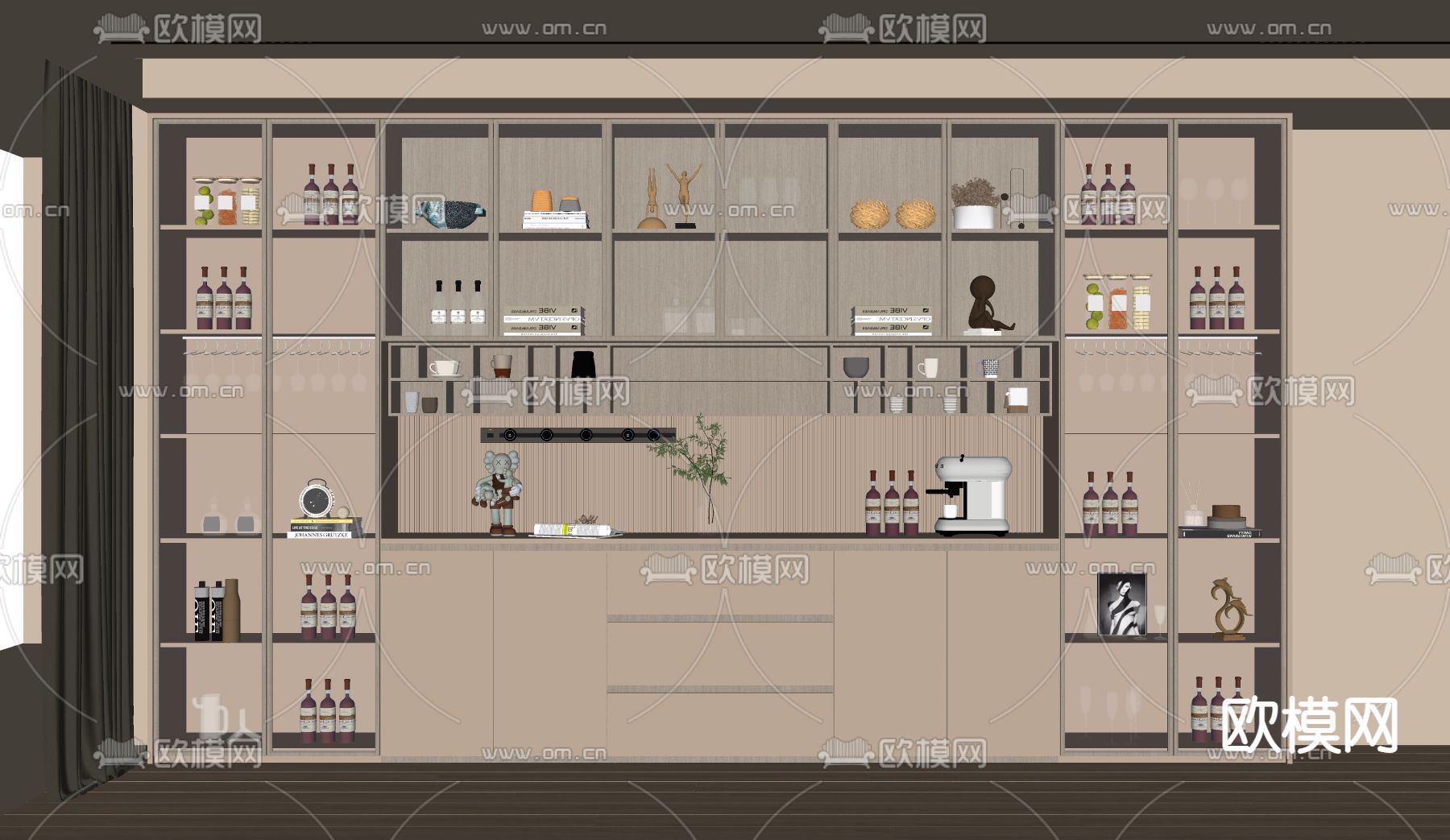 奶油风酒柜su模型下载（渲染图2）