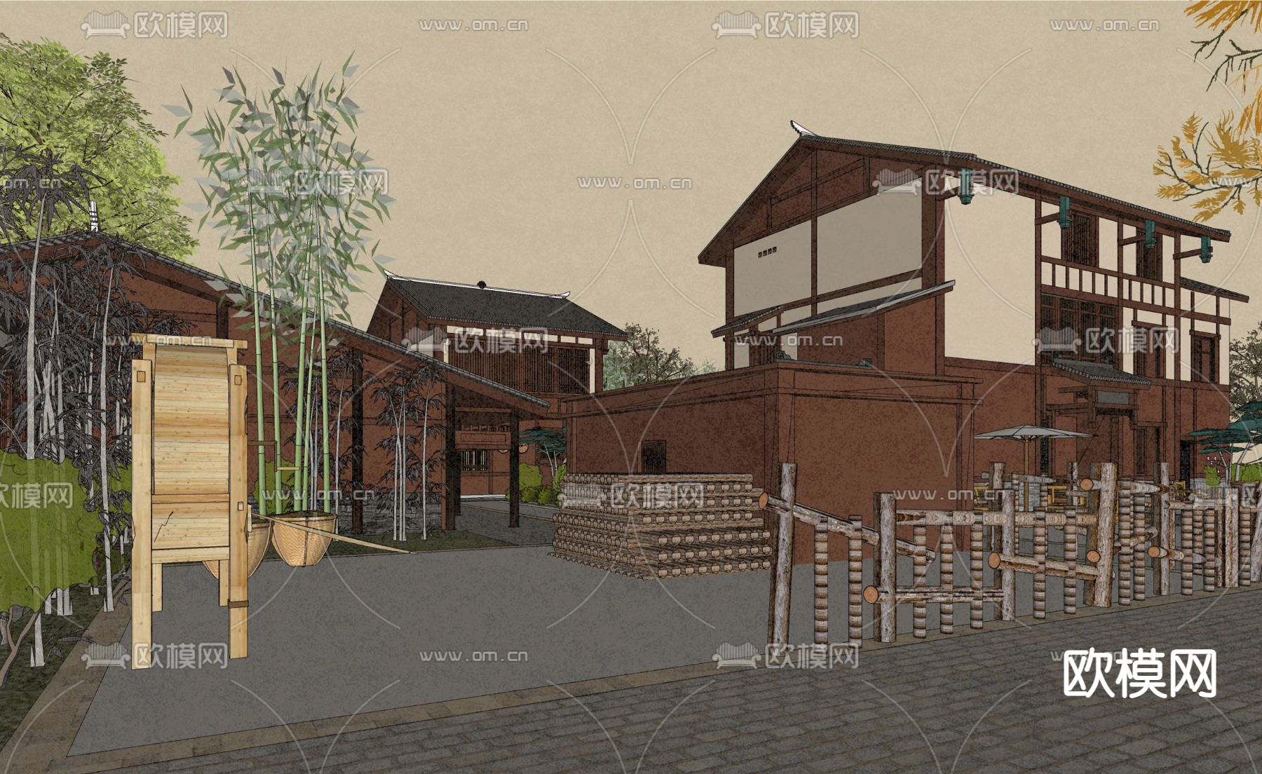 乡村民居院落su模型下载（渲染图1）