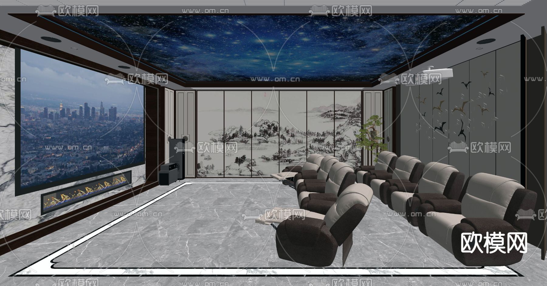 新中式影音室su模型下载（渲染图2）