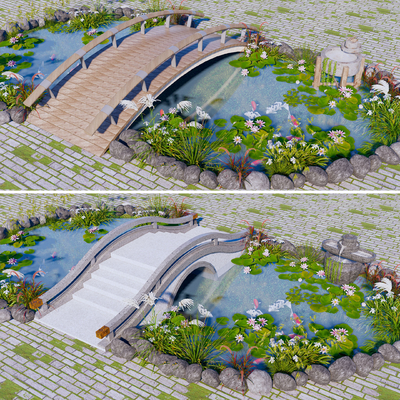 新中式景观桥荷花池园艺小品su模型