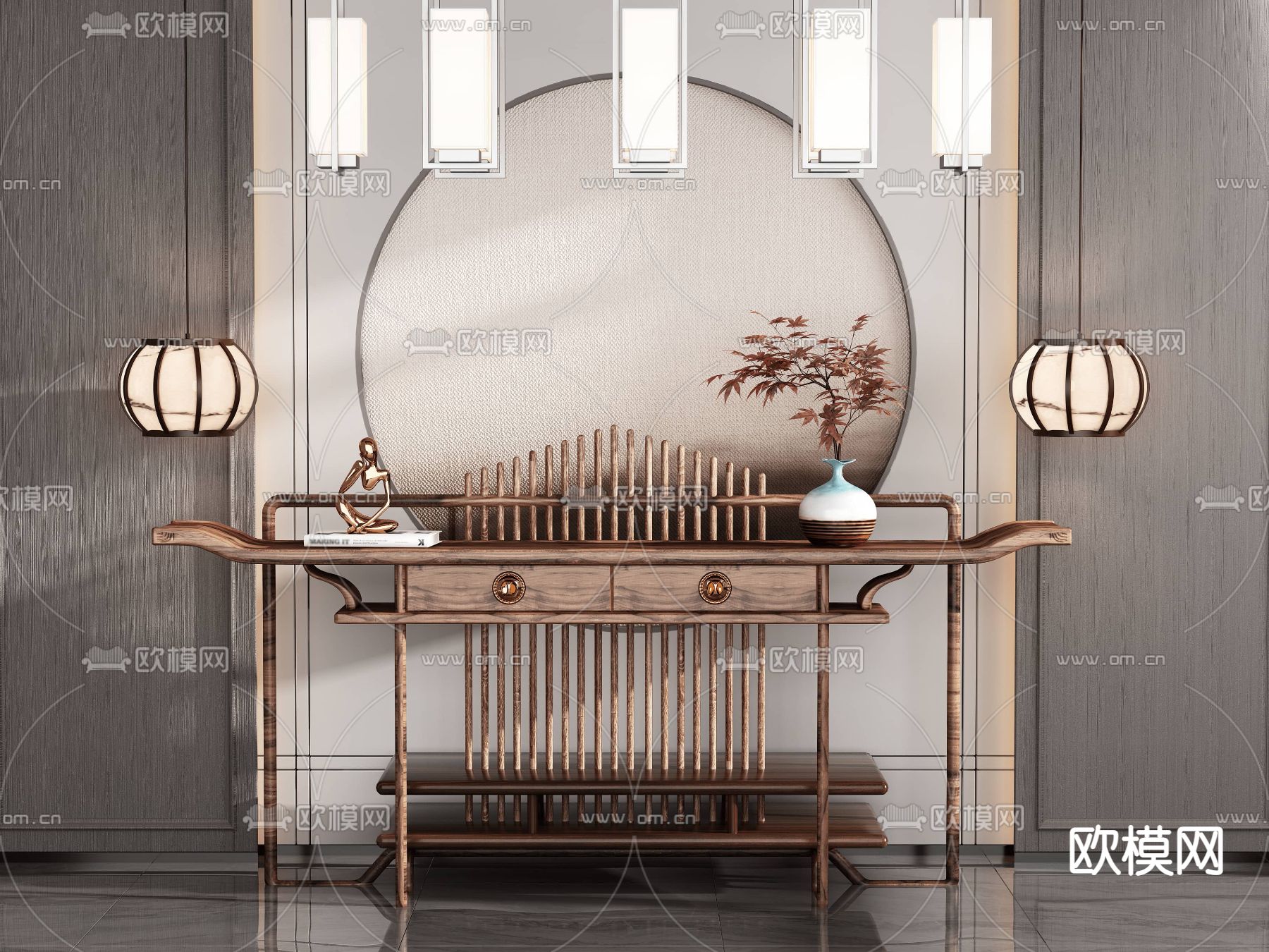 新中式端景条案su模型下载（渲染图1）