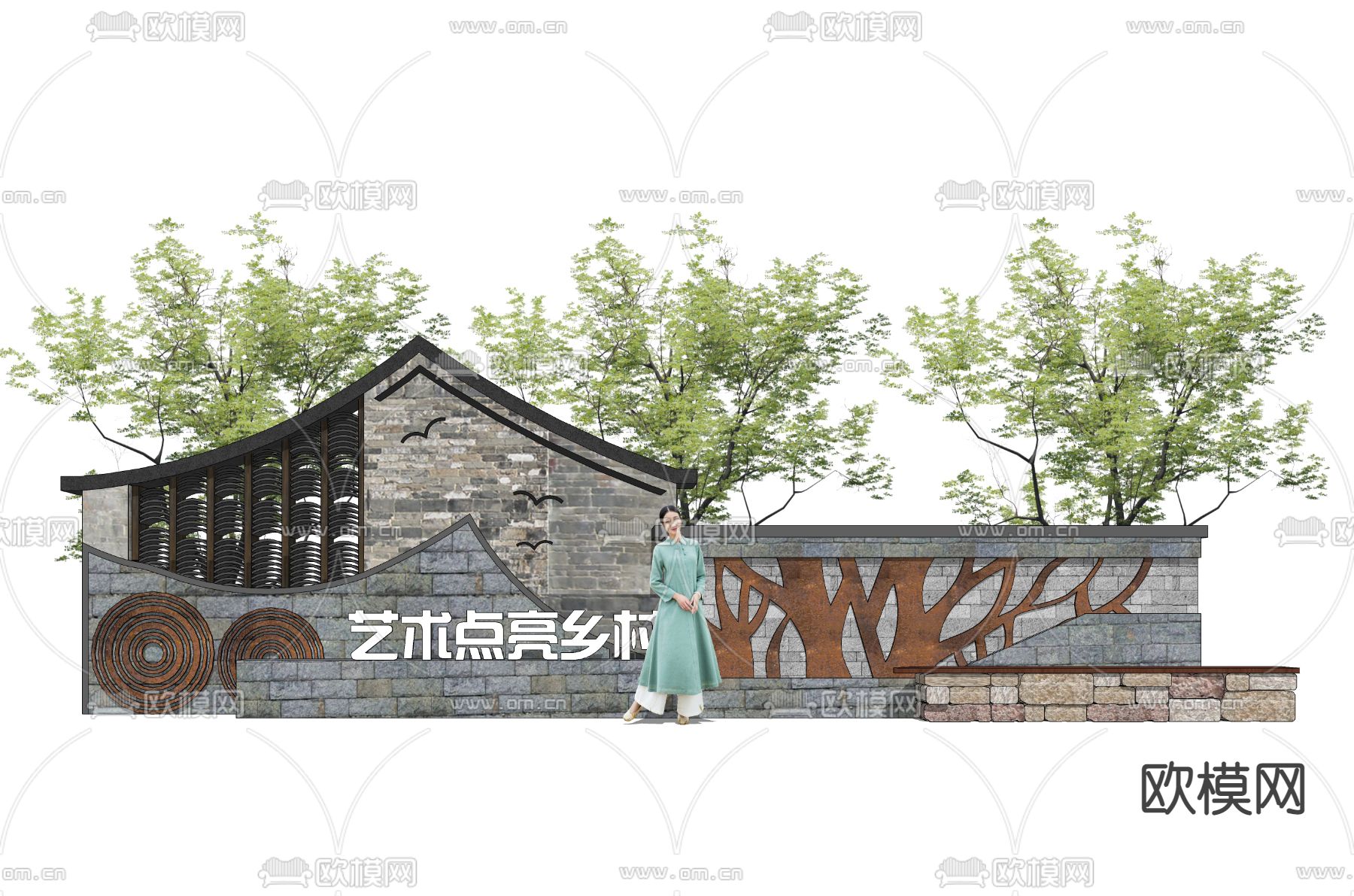 新中式民俗文化景墙su模型