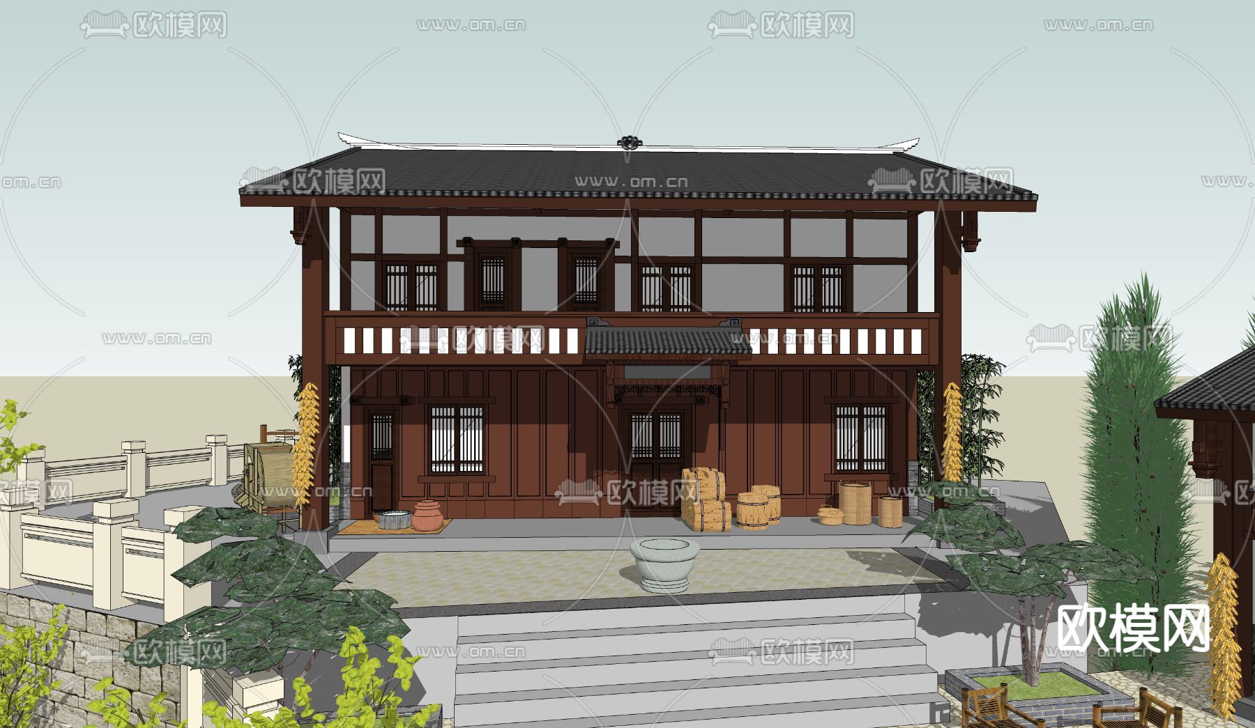 乡村民居院落su模型下载（渲染图1）