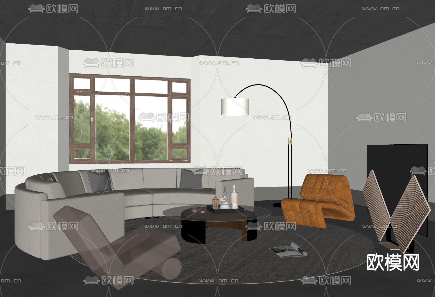 侘寂风弧形组合沙发su模型