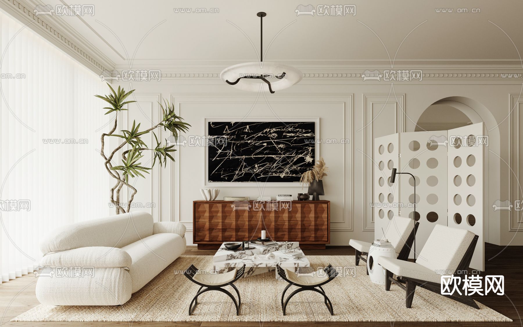 法式客厅su模型下载（渲染图1）