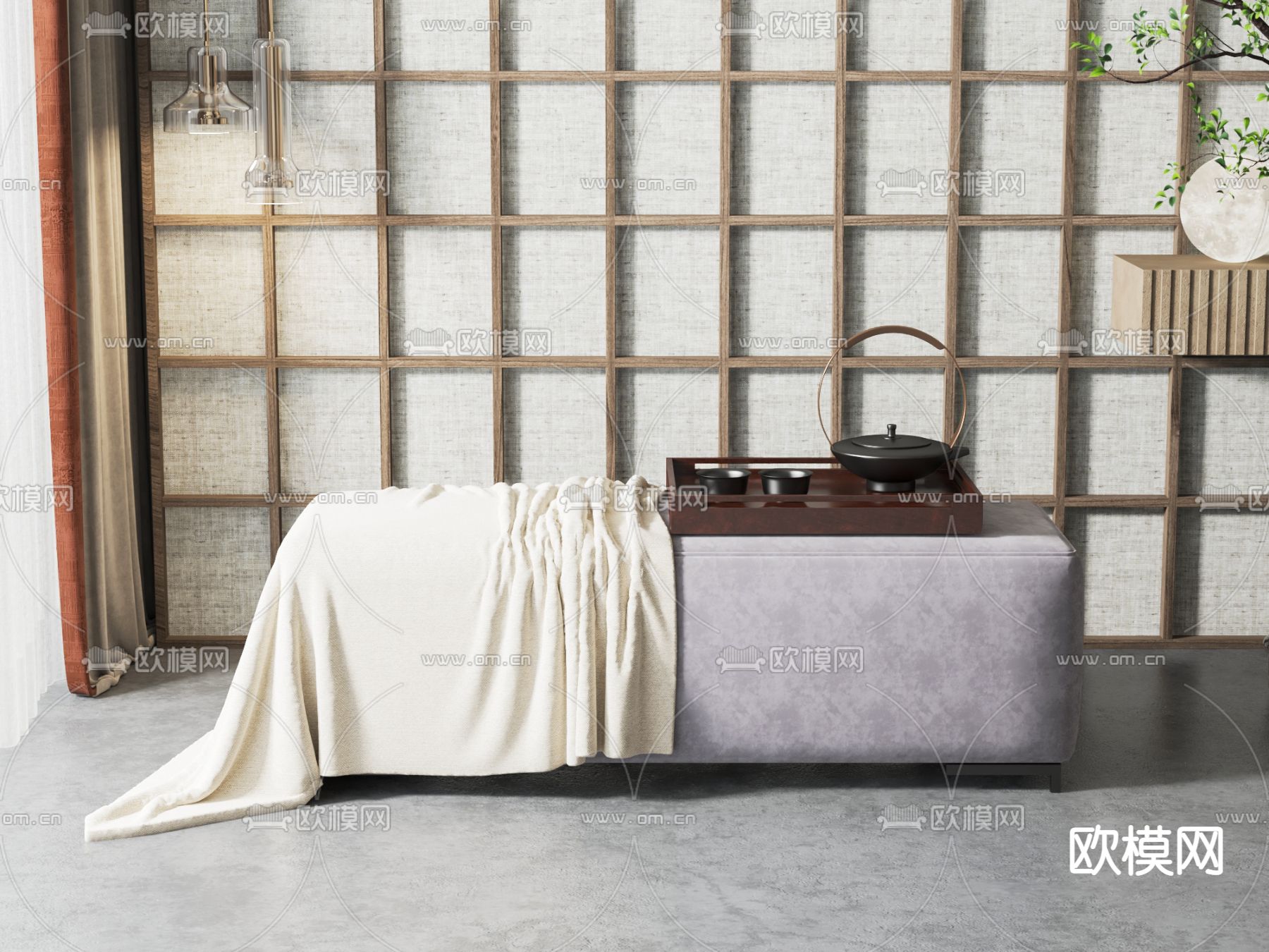 新中式床尾凳su模型下载（渲染图1）