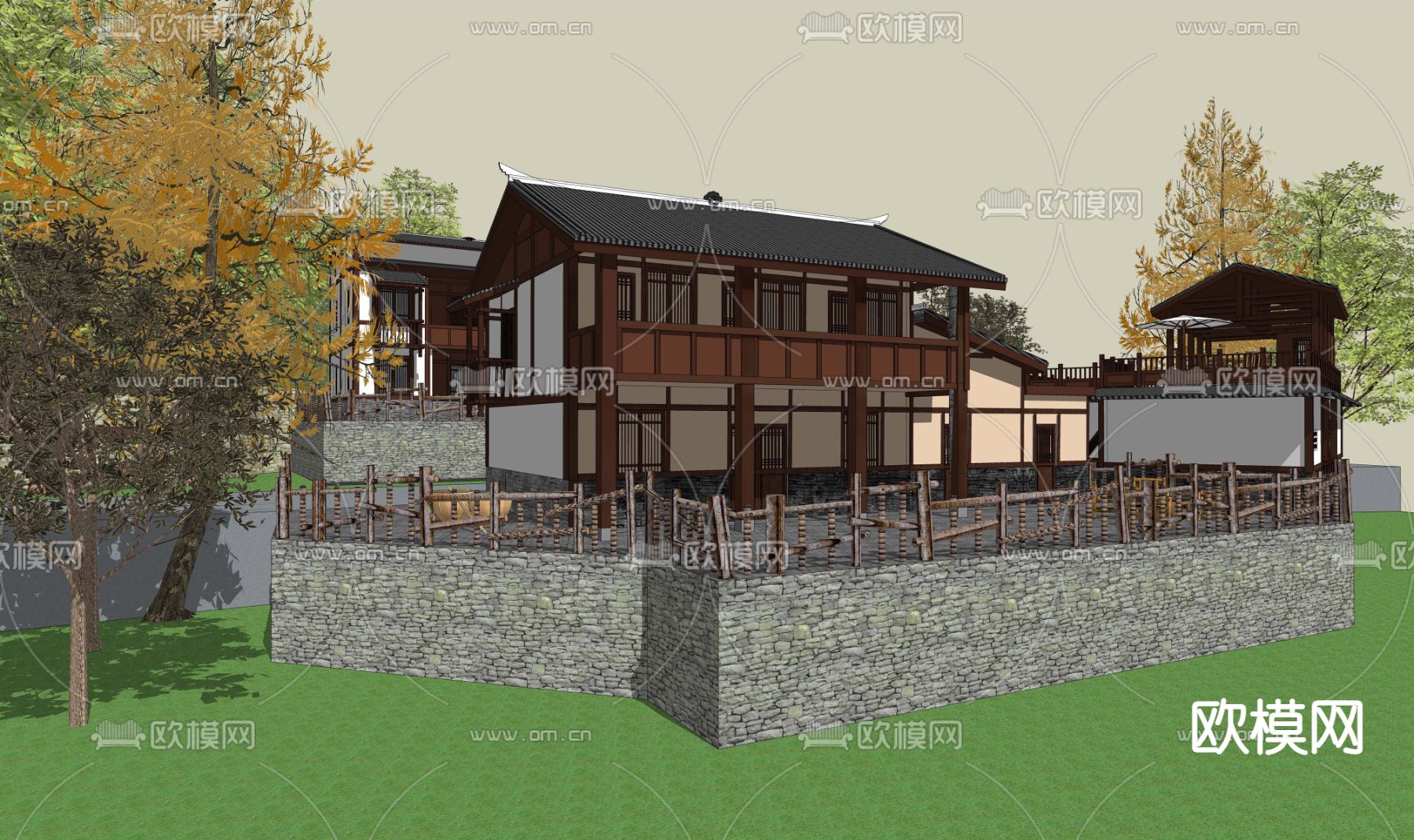 乡村民居院落su模型下载（渲染图3）