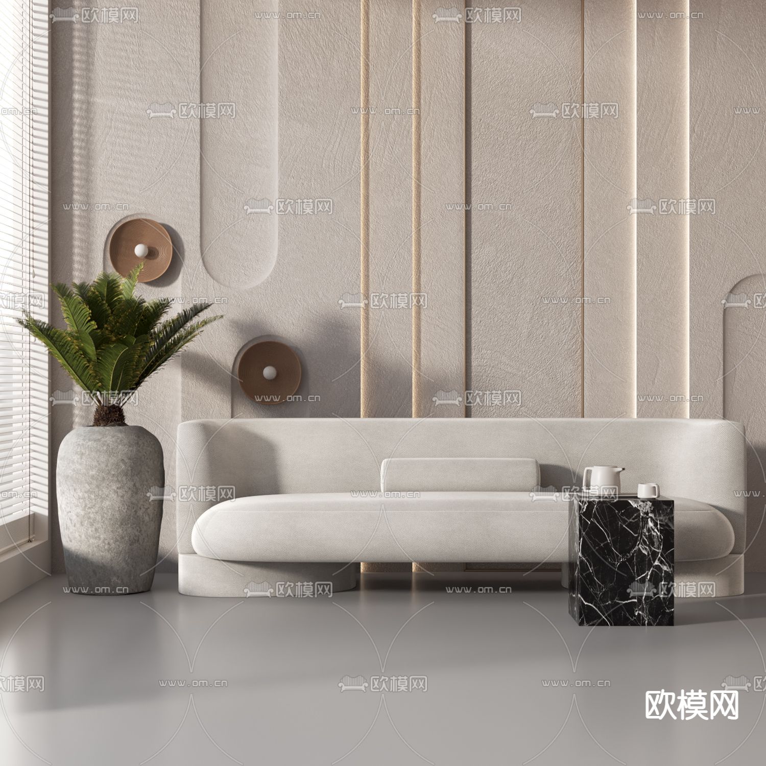 奶油风多人沙发su模型下载（渲染图1）