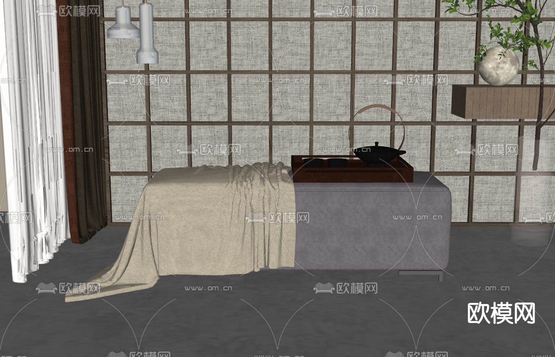 新中式床尾凳su模型下载（渲染图2）