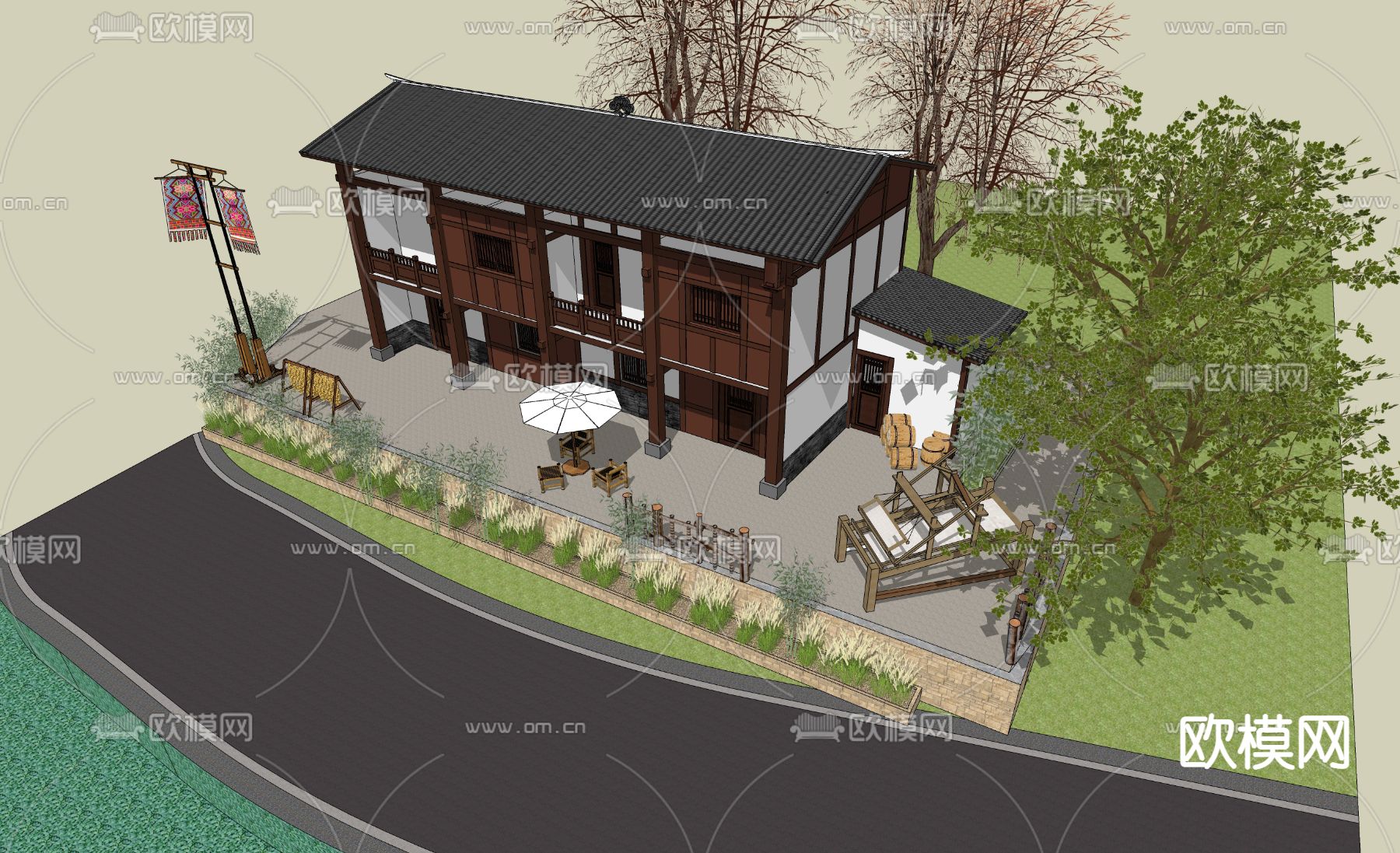 乡村民居院落su模型下载（渲染图2）