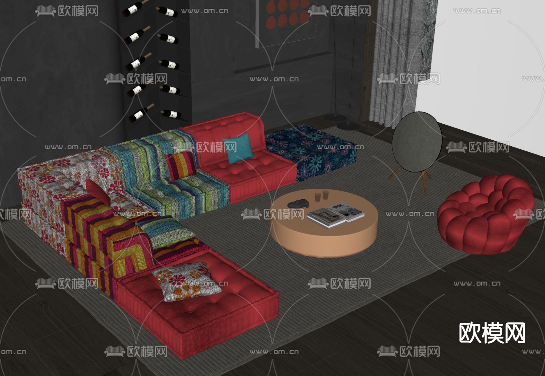 孟菲斯风组合沙发su模型下载（渲染图2）