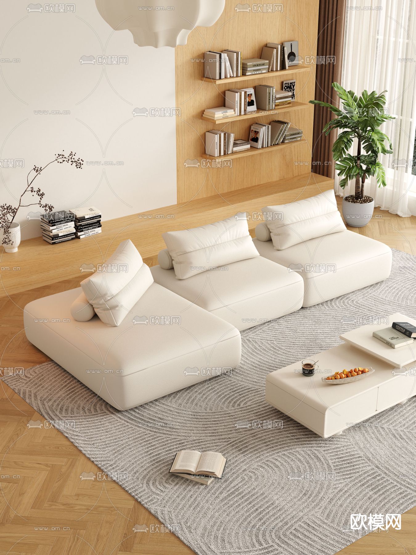 奶油风多人沙发3d模型下载（渲染图2）