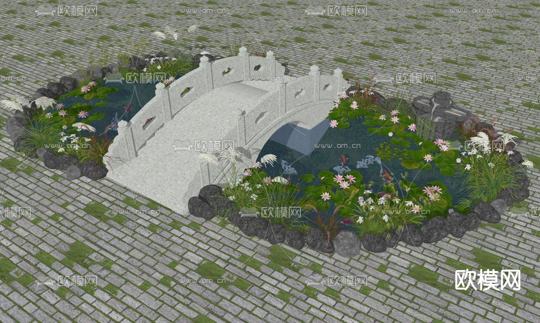 新中式景观桥荷花池园艺小品su模型