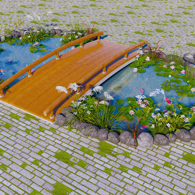 新中式景观桥荷花池园艺小品su模型