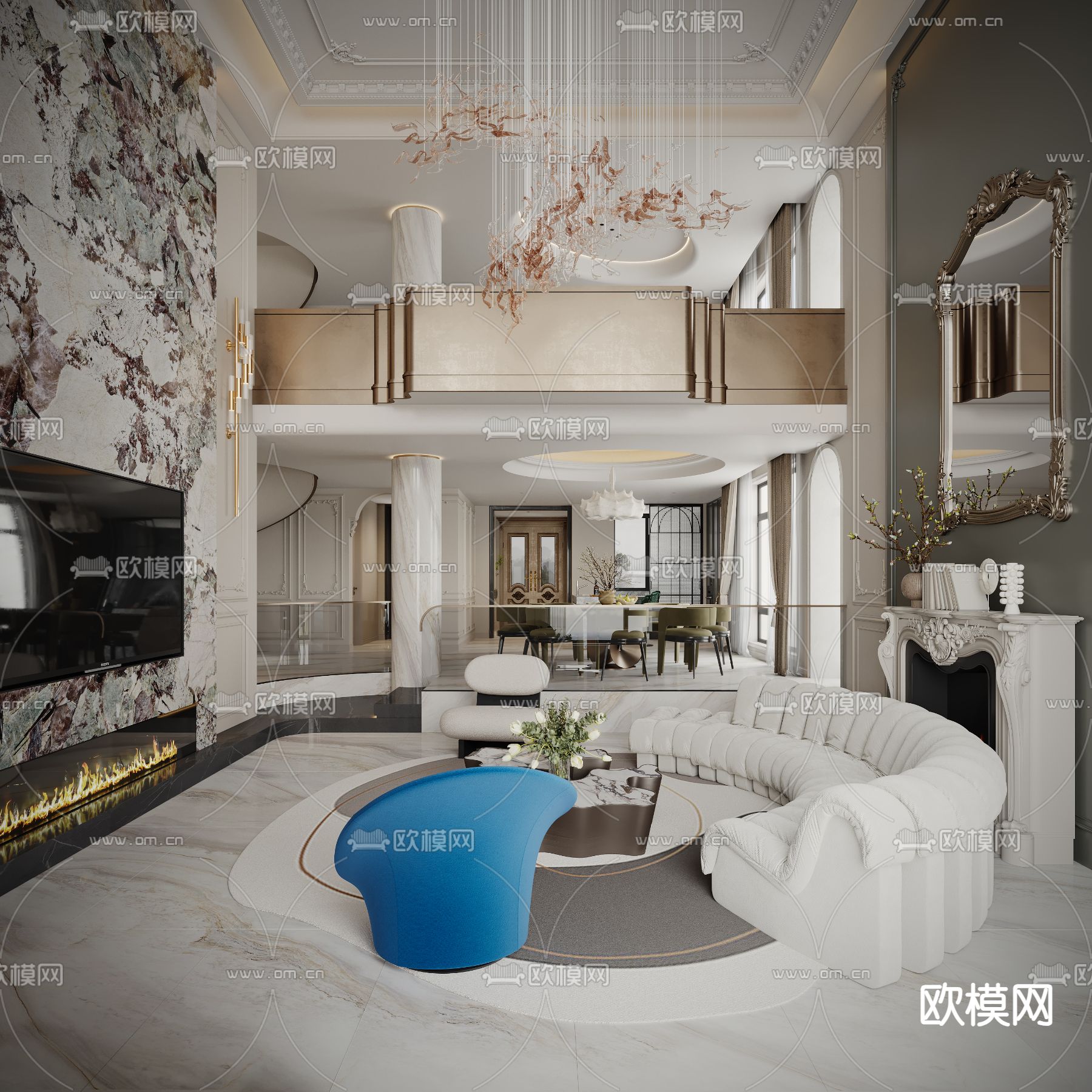 法式别墅客厅 别墅大堂3d模型下载（渲染图3）