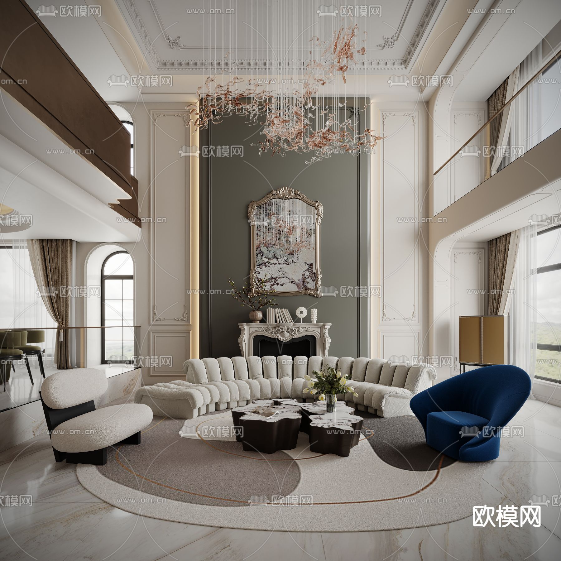 法式别墅客厅 别墅大堂3d模型下载（渲染图1）