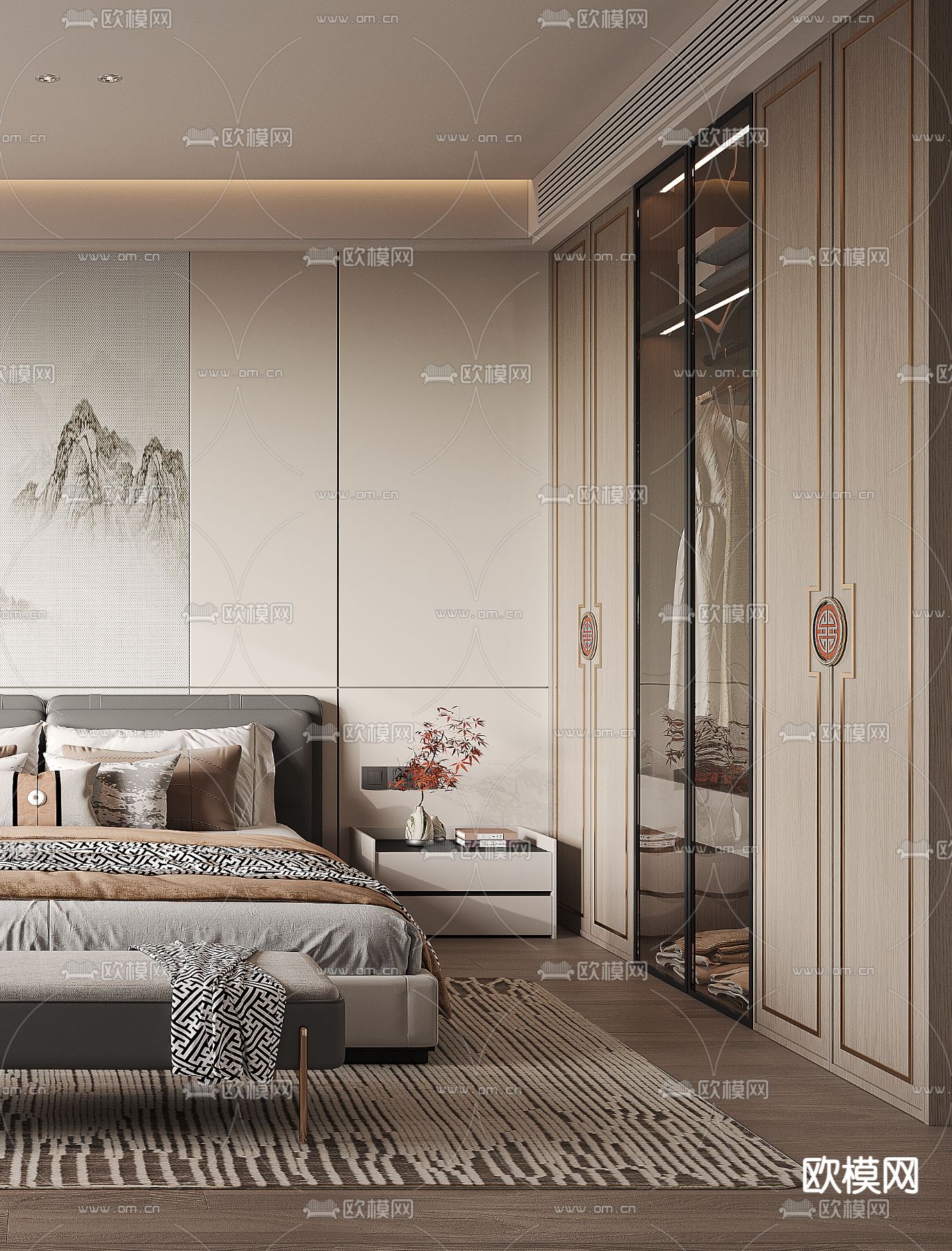 新中式卧室 主人房3d模型下载（渲染图2）