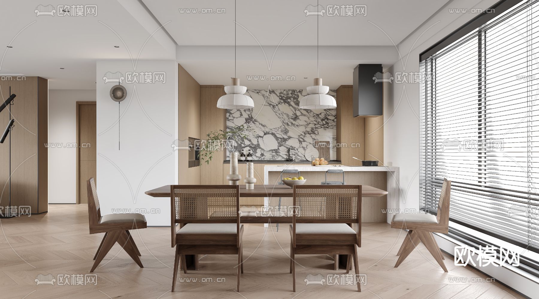 奶油风客餐厅3d模型下载（渲染图4）