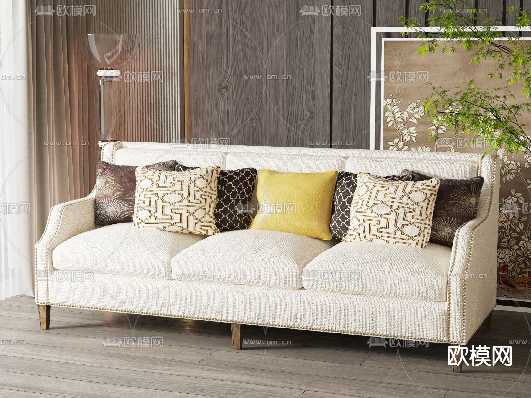 美式多人沙发3d模型下载