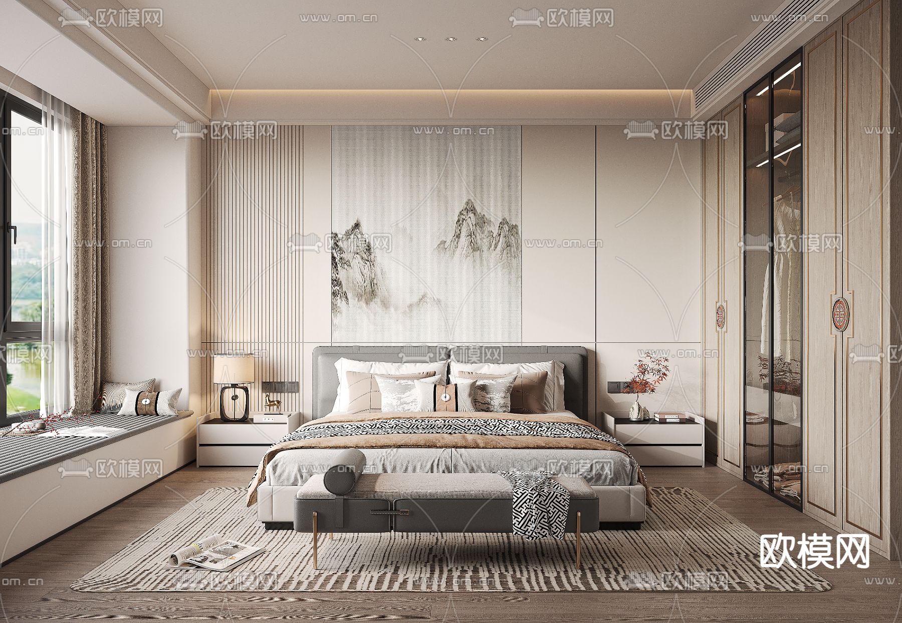 新中式卧室 主人房3d模型下载（渲染图1）