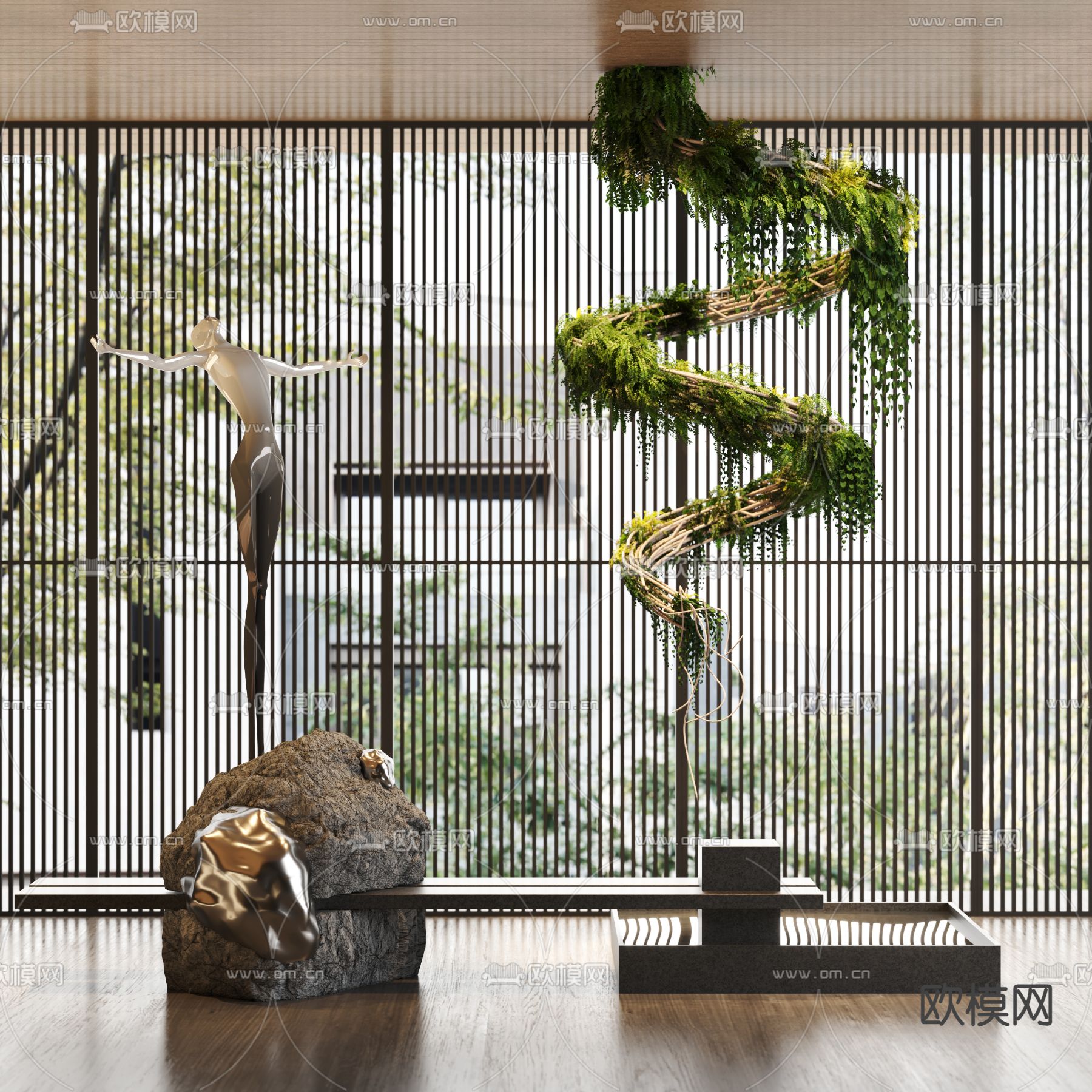 艺术雕塑 悬挂绿植 石雕3d模型下载（渲染图1）