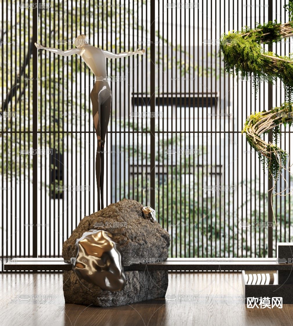 艺术雕塑 悬挂绿植 石雕3d模型下载（渲染图2）