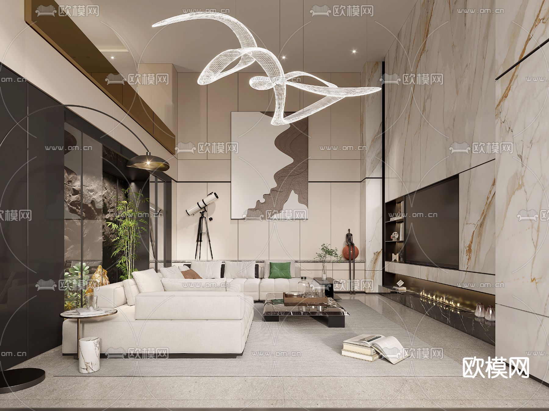 现代别墅客厅su模型下载（渲染图1）