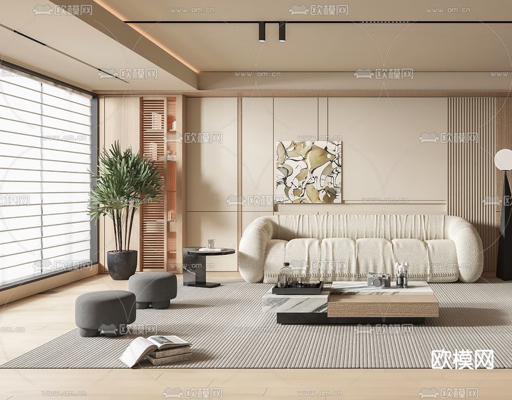 奶油风客厅3d模型下载(渲染图2)