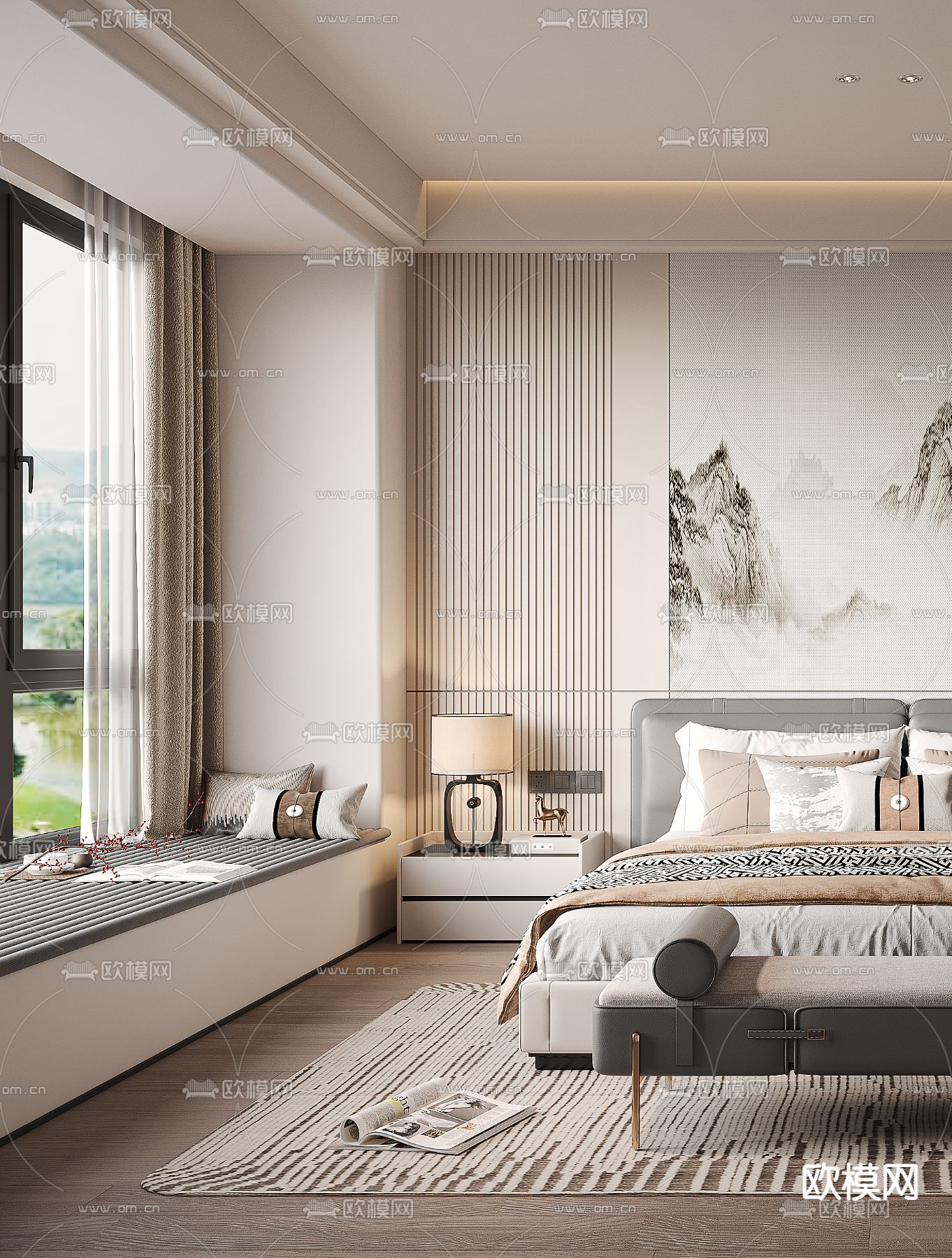 新中式卧室 主人房3d模型下载（渲染图3）