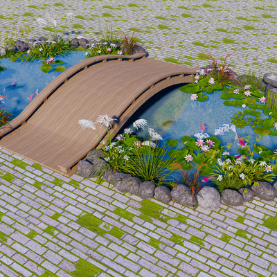 新中式景观桥荷花池园艺小品su模型