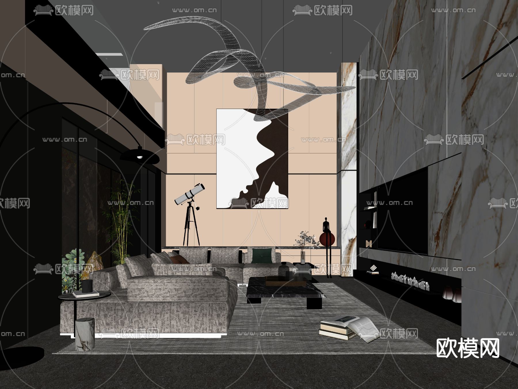 现代别墅客厅su模型下载（渲染图2）