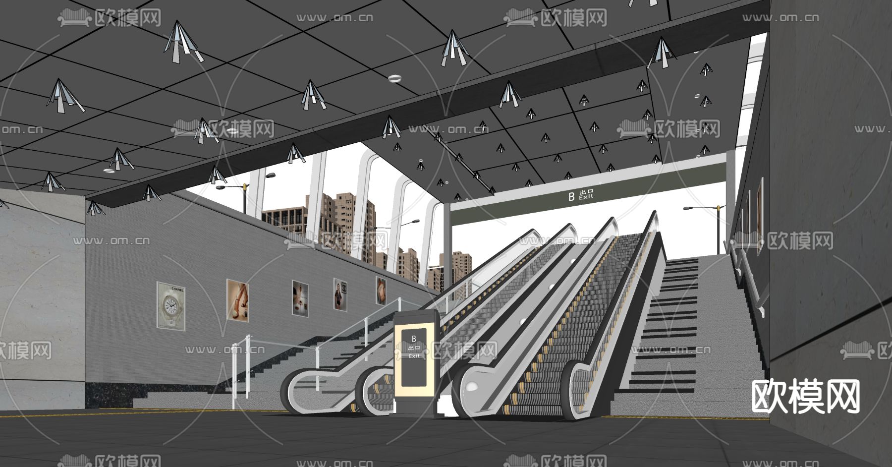 现代地铁站 扶梯su模型下载（渲染图2）
