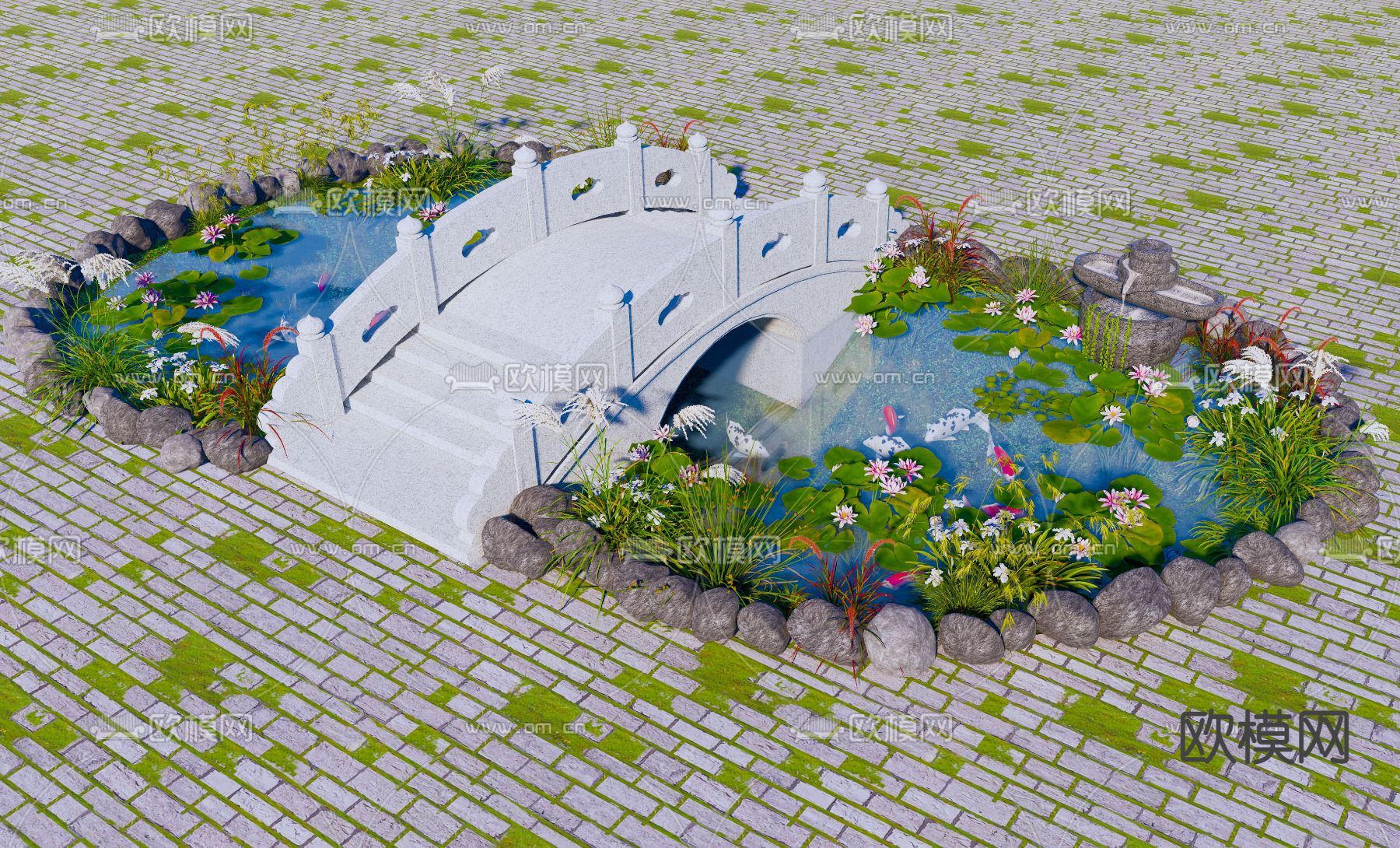 新中式景观桥荷花池园艺小品su模型