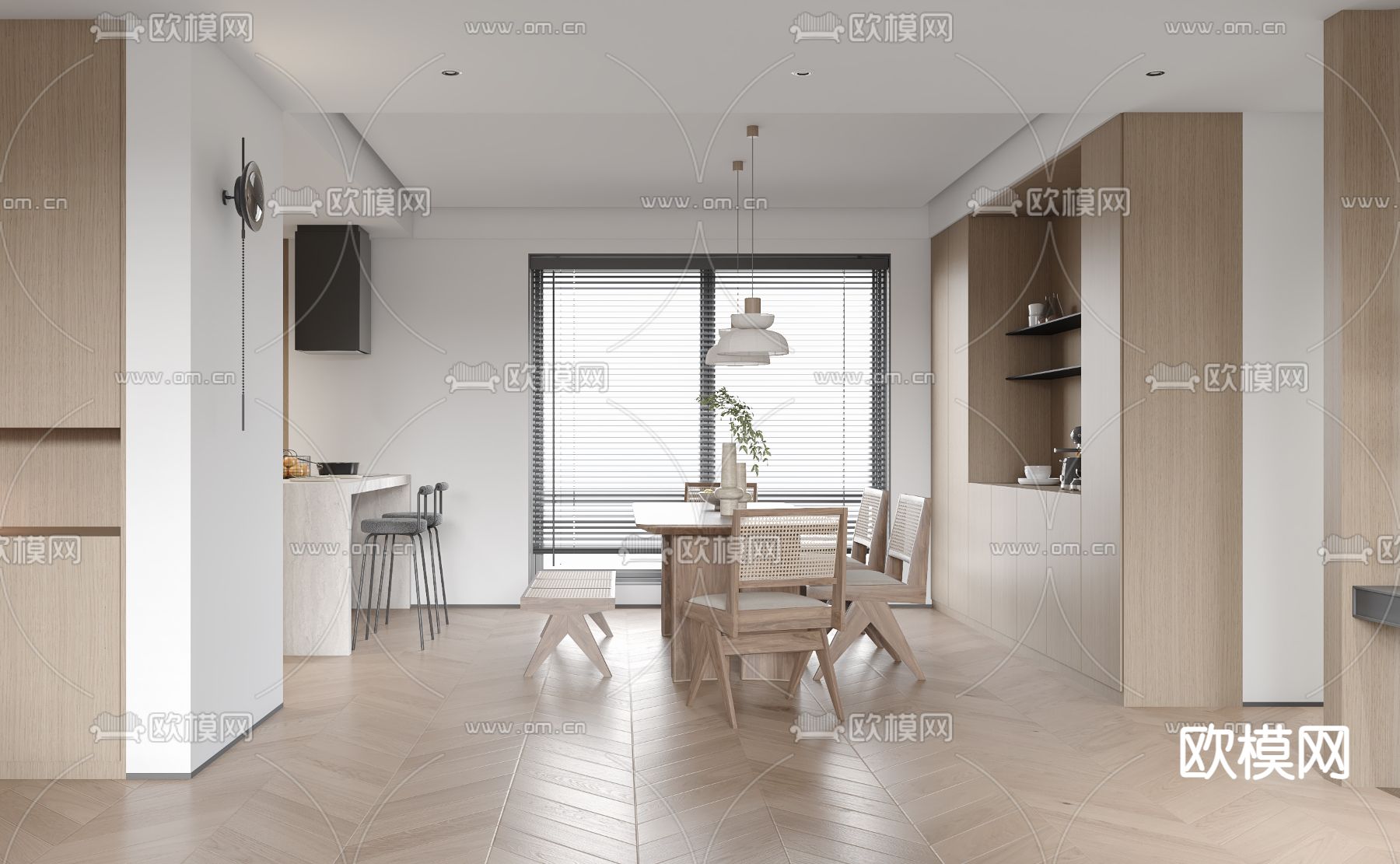 奶油风客餐厅3d模型下载（渲染图7）