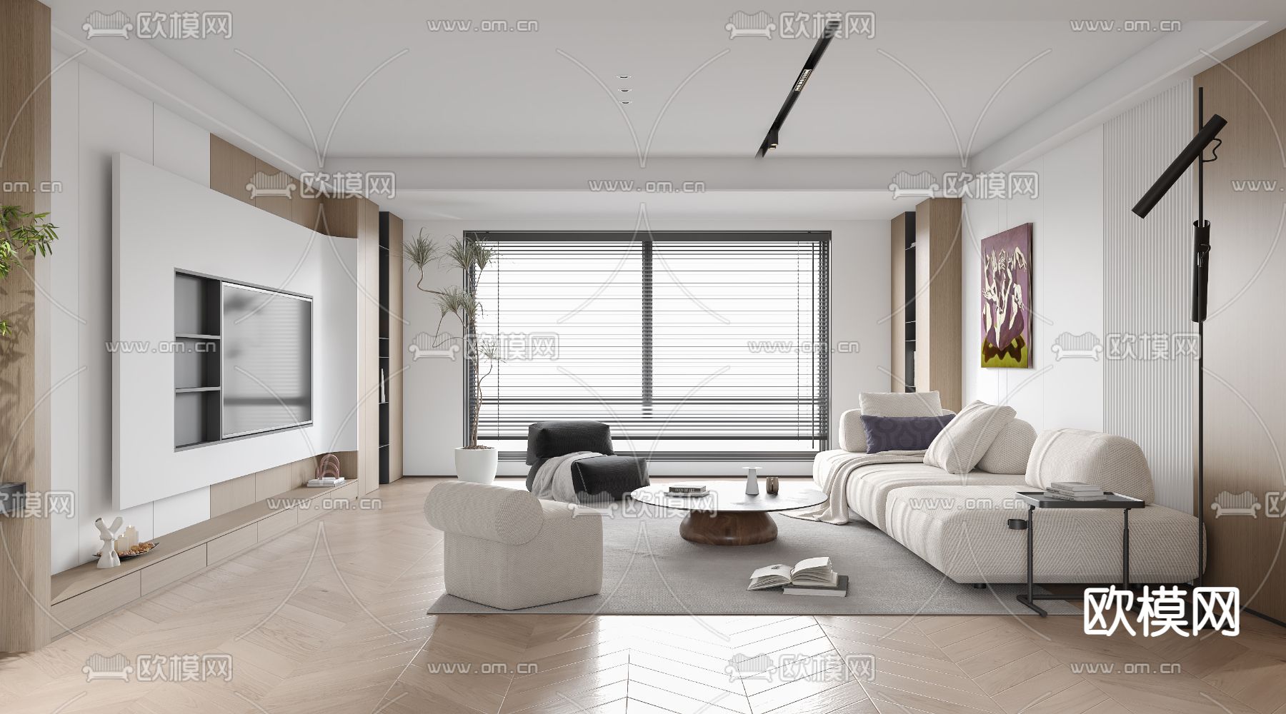 奶油风客餐厅3d模型下载（渲染图1）