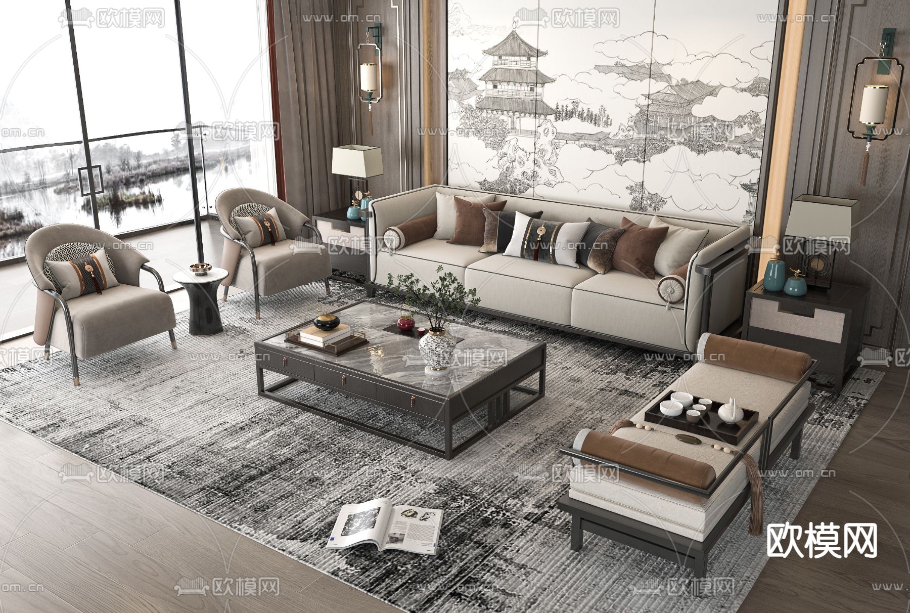 新中式组合沙发3d模型下载