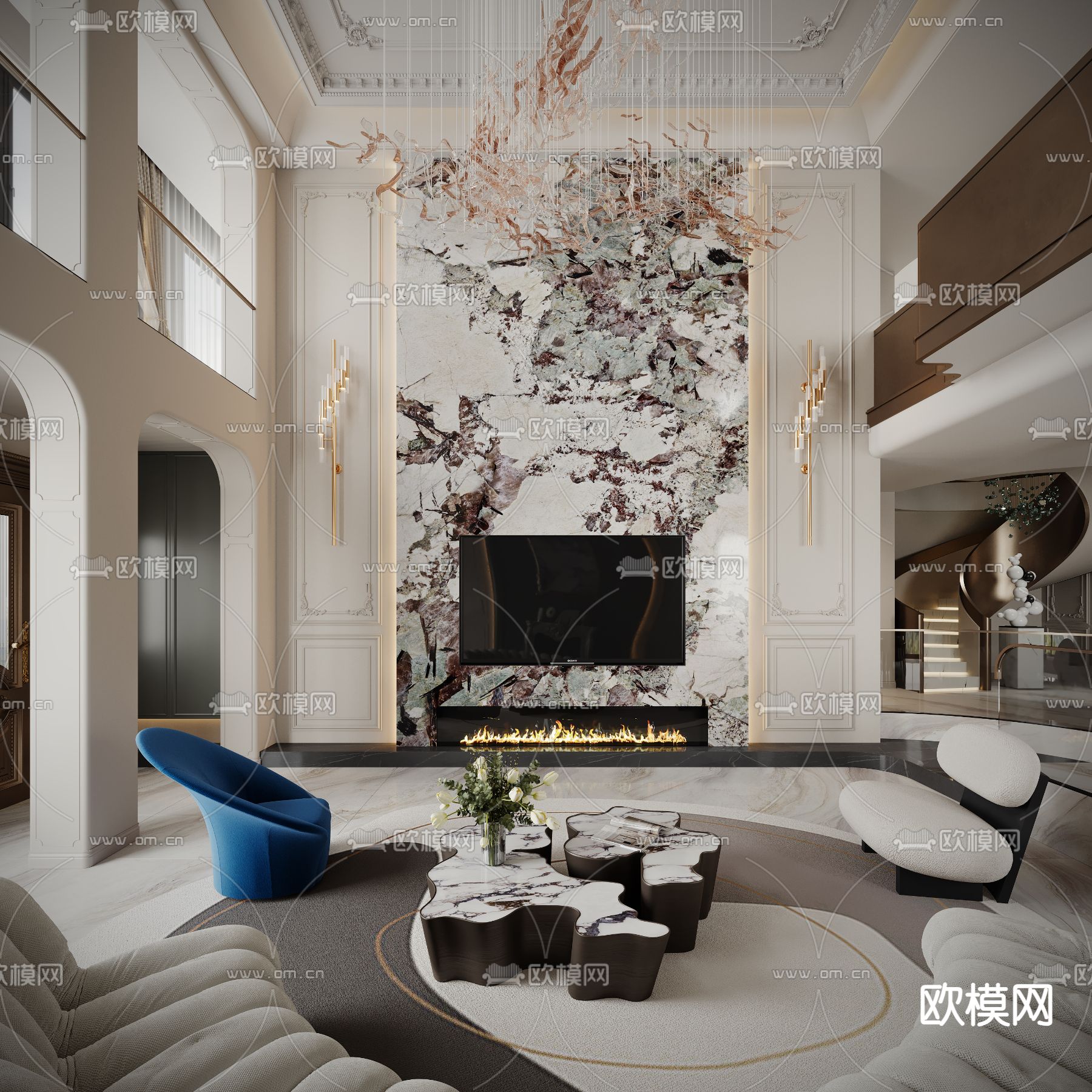 法式别墅客厅 别墅大堂3d模型下载（渲染图2）