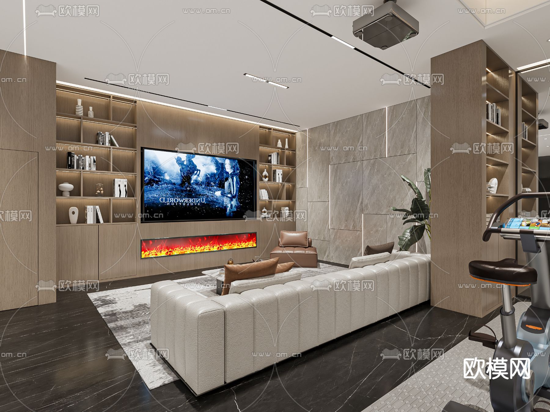 别墅地下室 影音区 健身区3d模型下载（渲染图2）